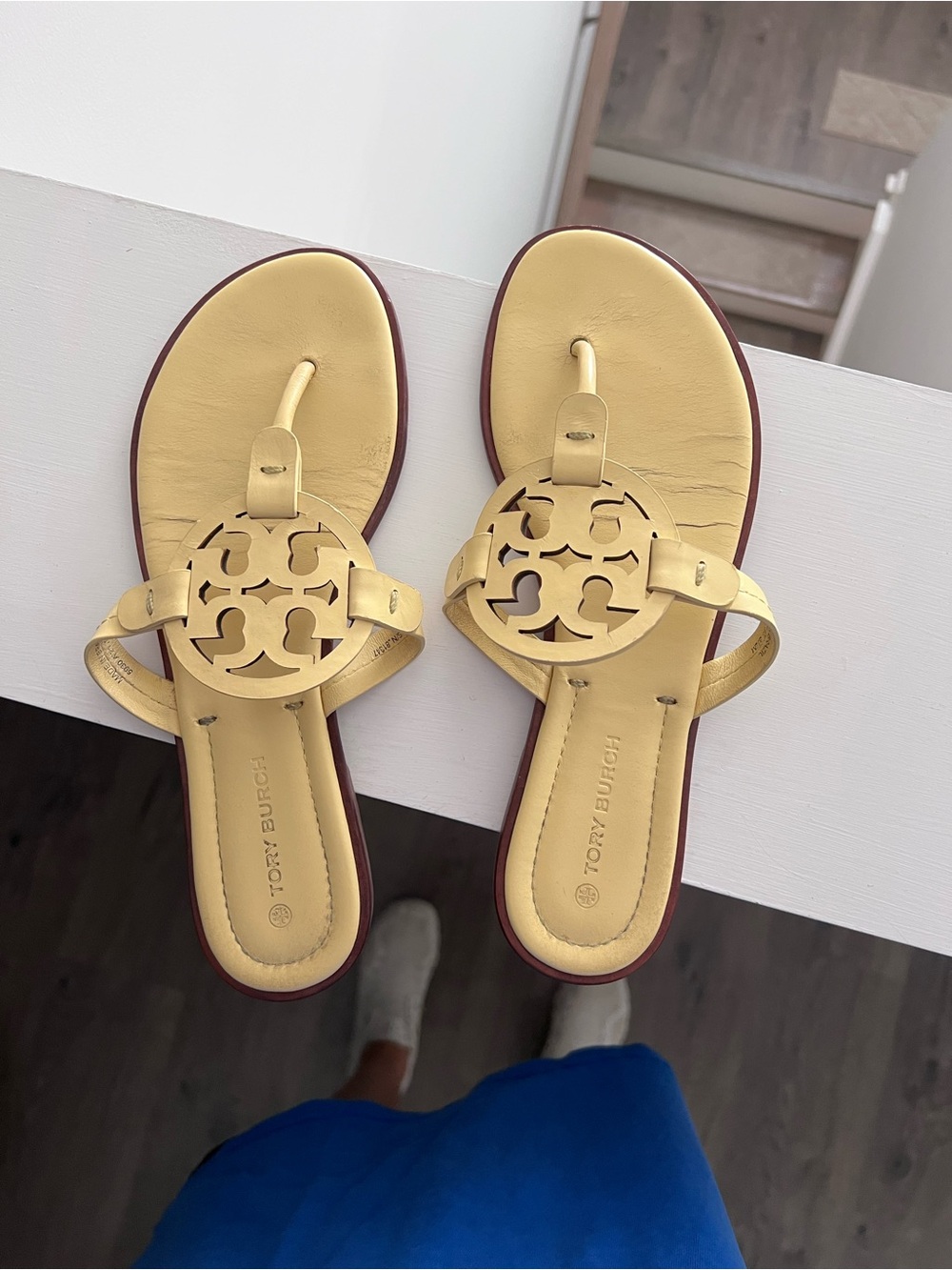 Tory Burch Pale Yellow Leather Logo Thong Sandals